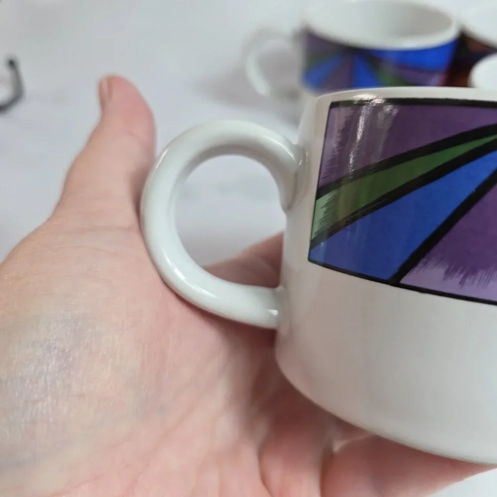 FOUR Sakura Sunset Mountain Flat Cups White with Multicolor Border